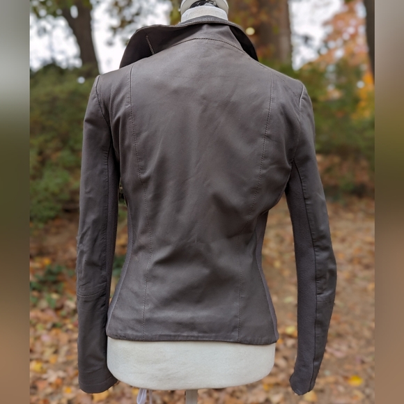 Lamarque Leather Jacket Womens Moto Gray Taupe Long Sleeve Zippers Knit Side - Picture 3 of 11